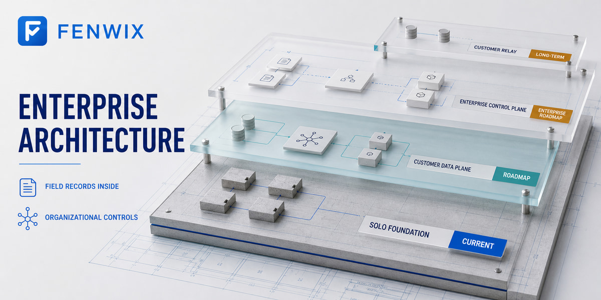 Enterprise architecture map for identity, policy, storage connectors and a customer relay around field records.