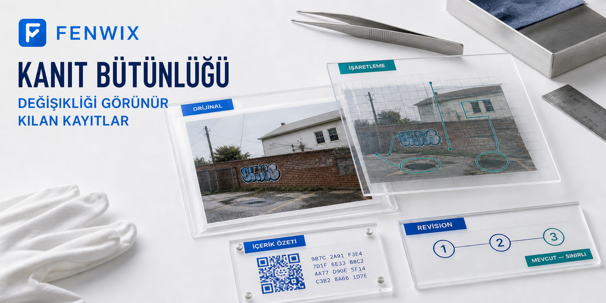 Orijinal kaydı, içerik özetini ve görünür revizyon geçmişini bağlayan kanıt bütünlüğü diyagramı.