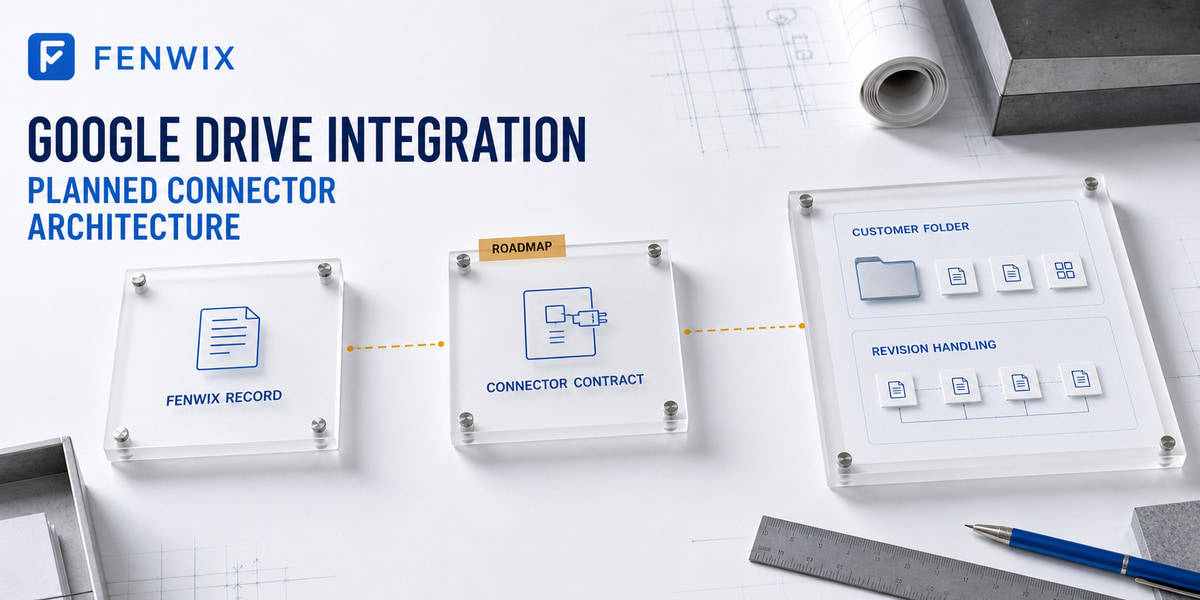 Planned Google Drive connector flow from a Fenwix record to a customer-controlled folder with revision handling.