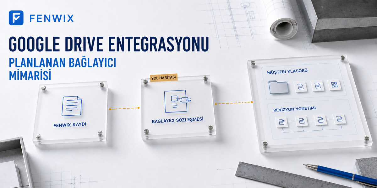 Fenwix kaydından müşteri kontrollü klasöre ve revizyon yönetimine uzanan planlanmış Google Drive bağlayıcı akışı.