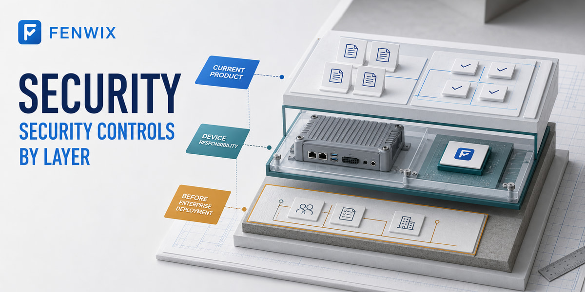 Layered security model separating current product controls, device responsibility and enterprise roadmap work.