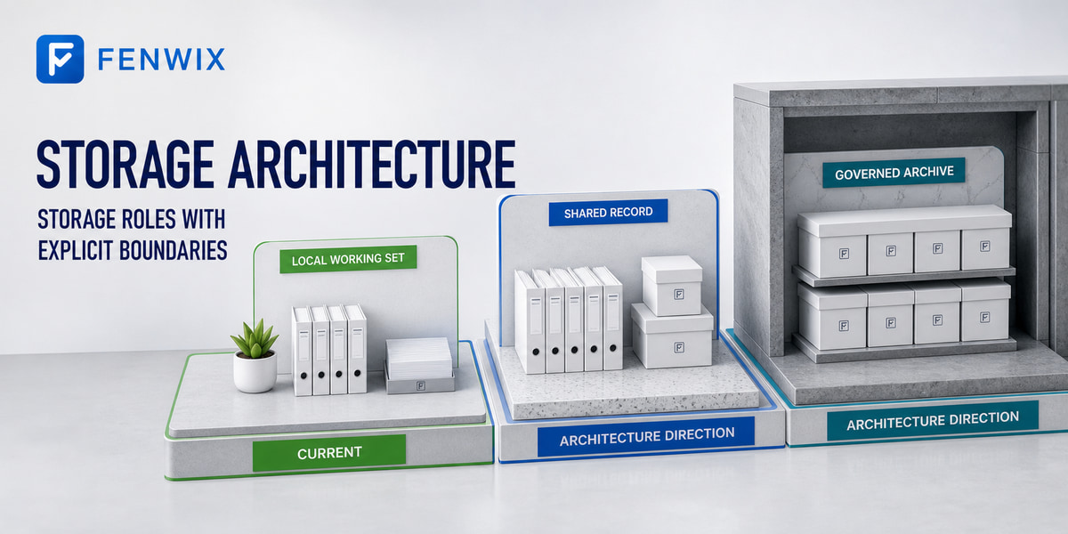 Storage architecture separating the local working set, planned shared record and governed archive.