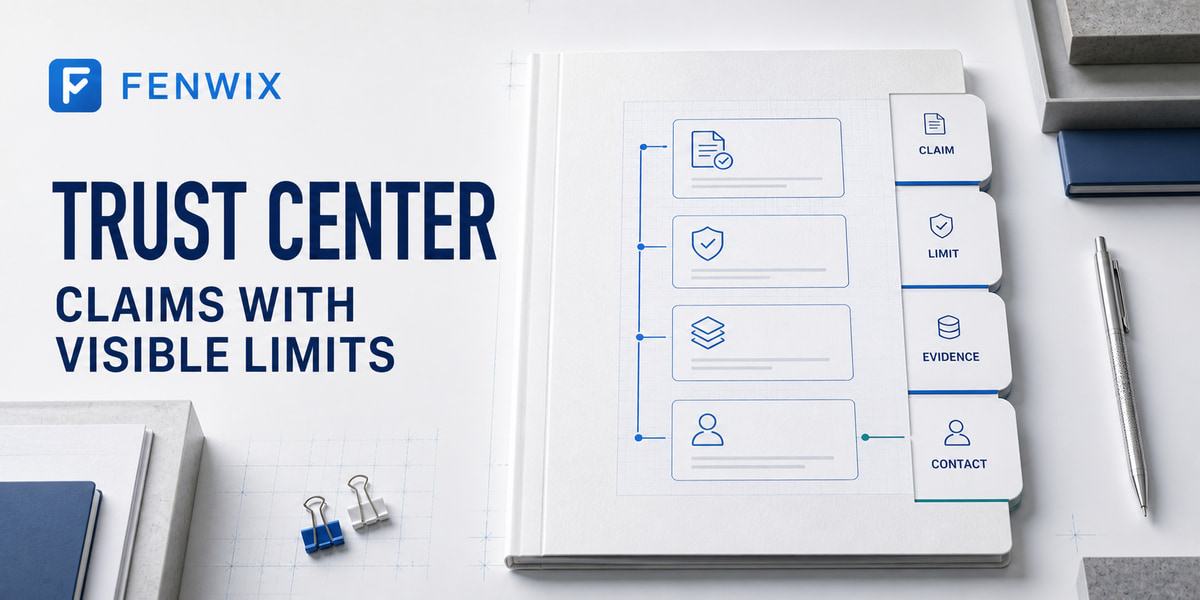Trust-center map connecting precise claims, visible limitations, inspectable materials and contact paths.
